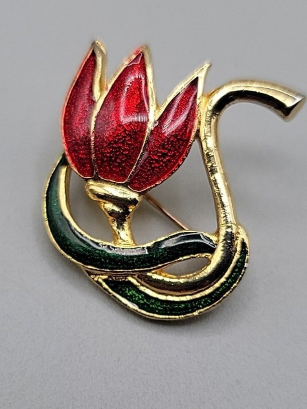 SFJ Swirl Tulip Brooch Enamel Gold Tone Red Petals Green Stem Leaf Vintage